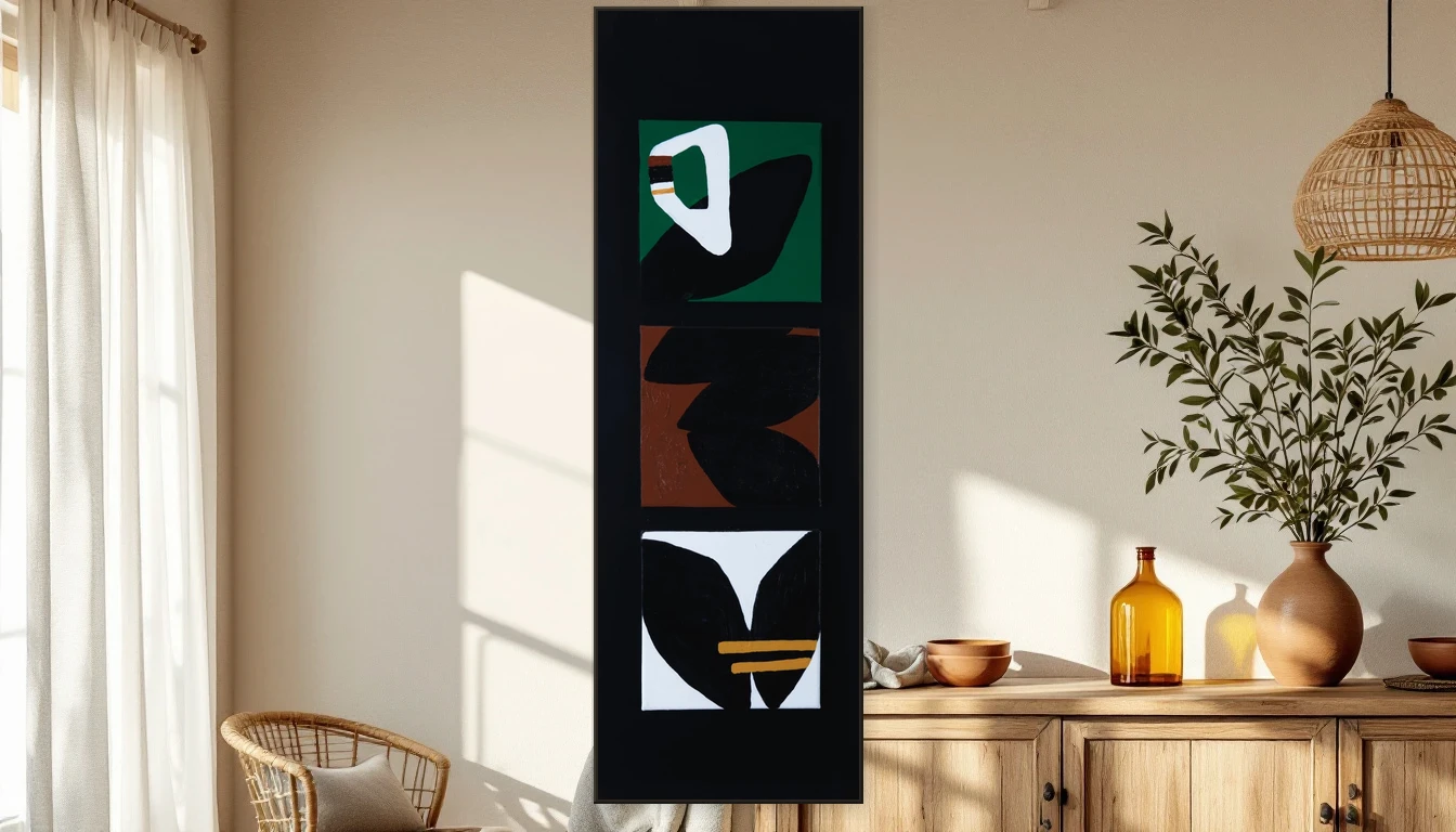 Eetkamer met abstract kunstwerk Ethnic Brown 3-luik boven een houten dressoir