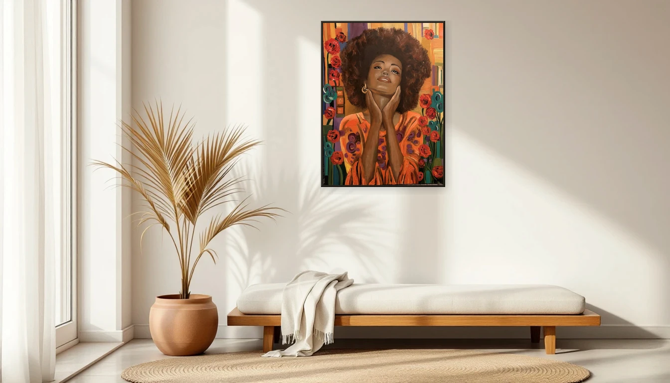 Rustige meditatiehoek met linnen daybed en warm middaglicht, een serene plek die vraagt om kunst aan de muur