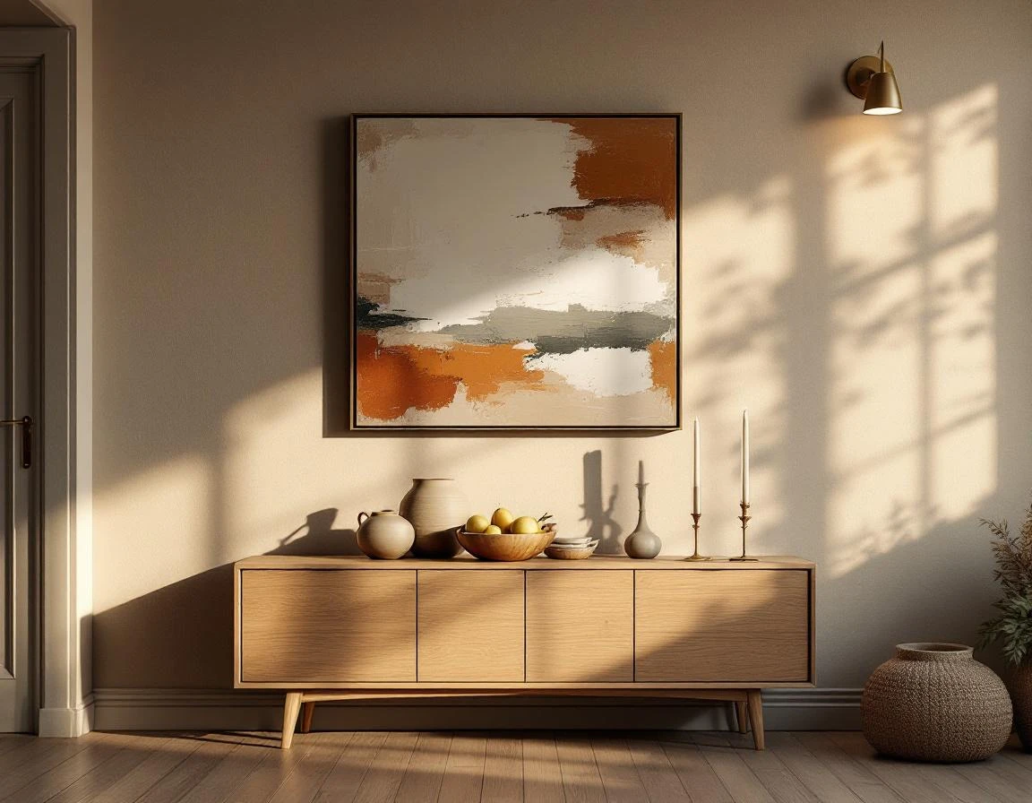 Abstract schilderij in russet en olijftinten boven een eiken sideboard met keramiek en gedroogde takken in een warme eetkamer