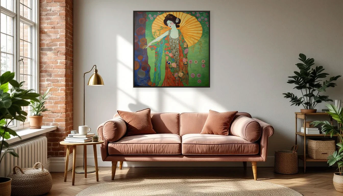 Intimate reading nook with vintage daybed and empty wall ready for a framed artwork