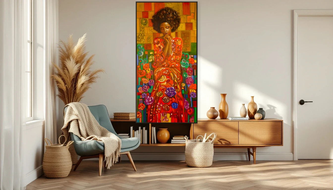 Warme werkhoek met natuurlijk licht en aardse tinten, klaar voor een kunstwerk aan de muur