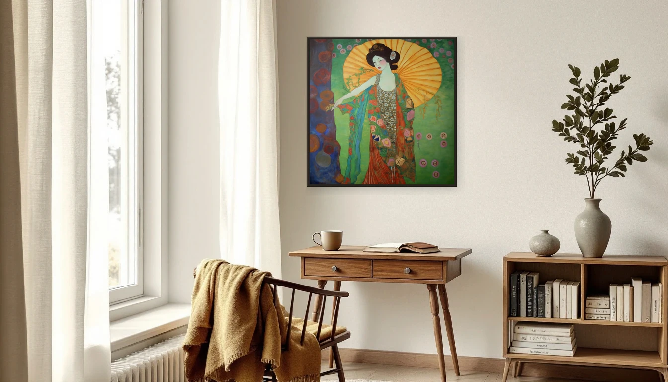 Intieme leeshoek met vintage bureau en ochtendlicht naast een lege muur — klaar voor een kunstwerk met een verhaal