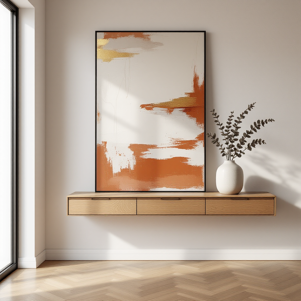 Oversized abstract painting in earth tones leaning against a hallway wall beside an oak console with dried eucalyptus