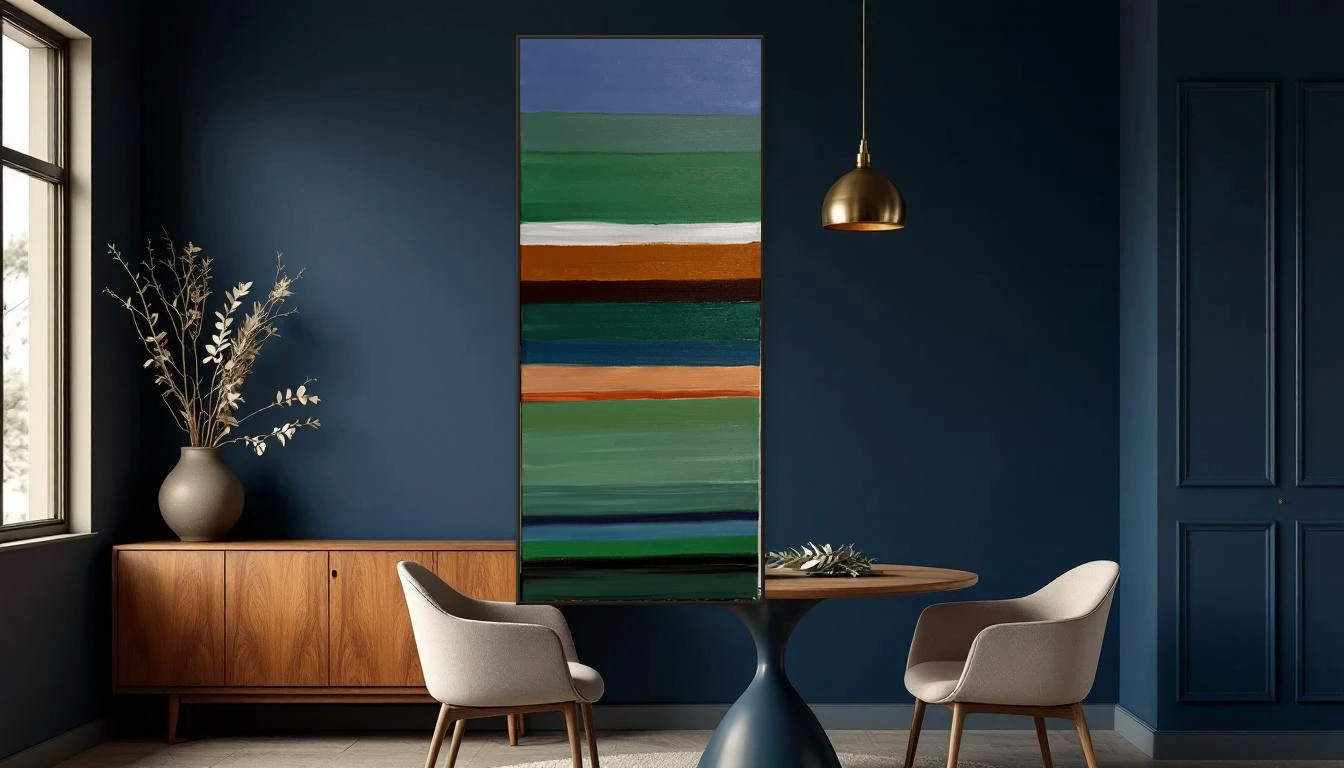 Intieme eethoek met middernachtblauwe muur en warm licht, met DNH kunstwerk Ibiza Colors