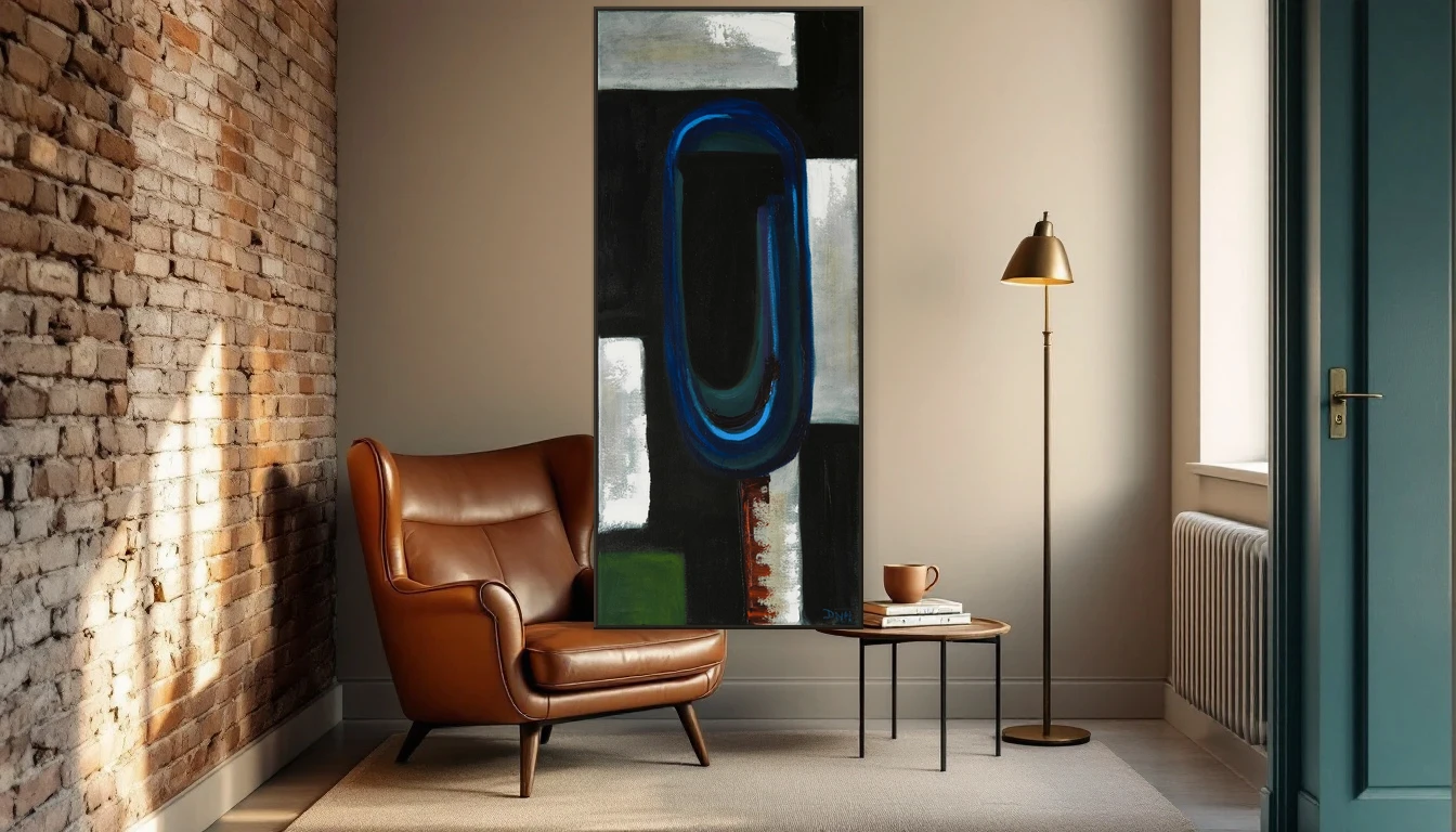 Reading nook with cognac leather chair and brass lamp in a deep aubergine-toned interior