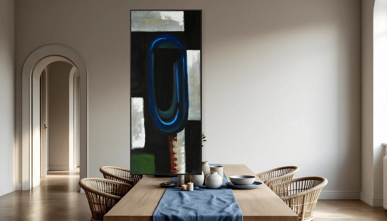 Elegant dining room with large abstract painting on the wall, warm wood and earthy tones