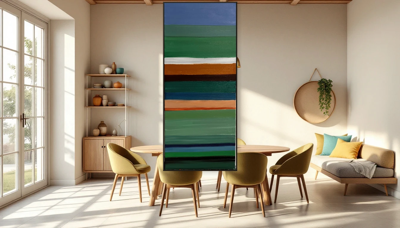 Zonnige eetkamer met olijfgroene stoelen en warme mediterrane sfeer — kleur als interieurstatement