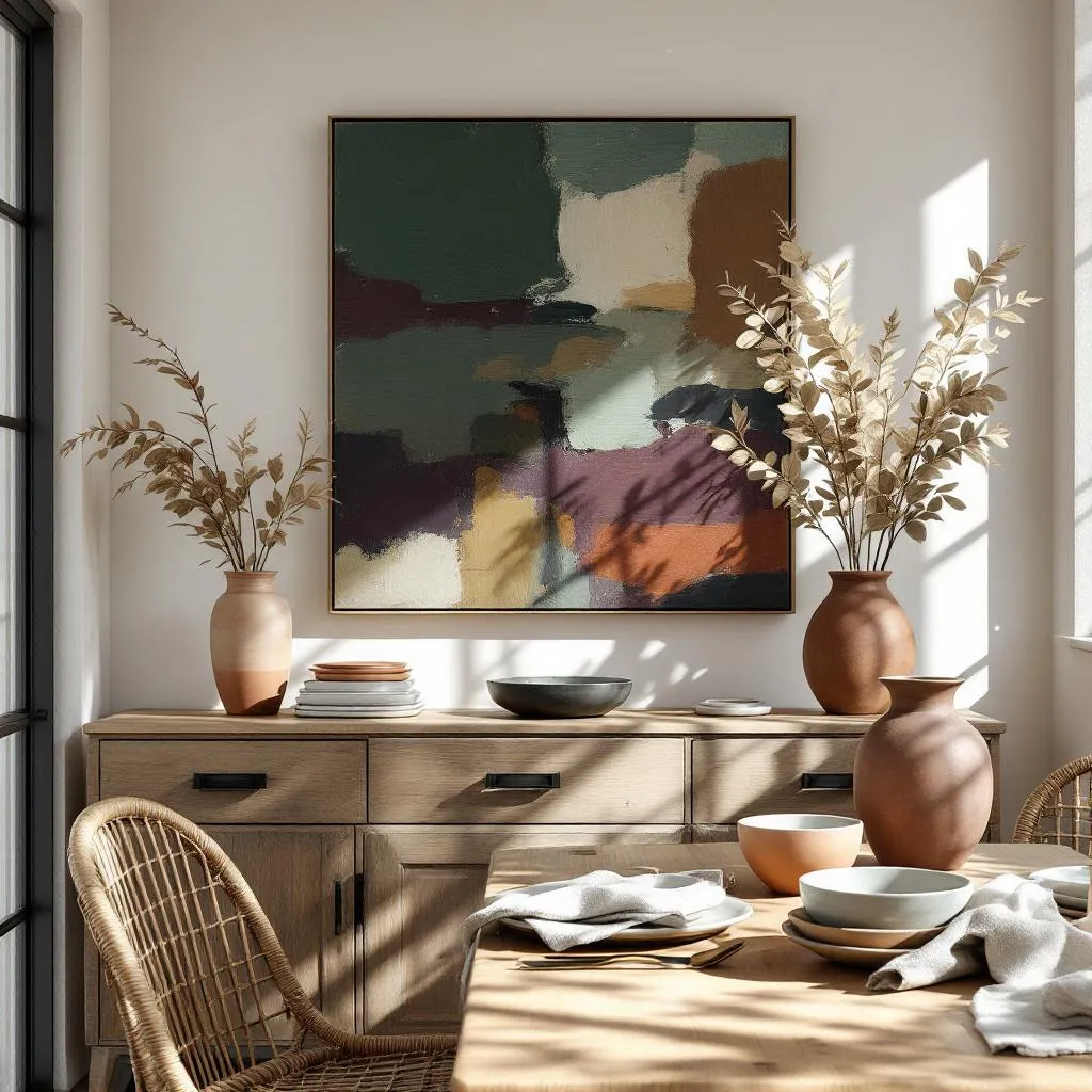 Eclectisch gestyled dressoir met abstract schilderij in jade, aubergine en sienna, keramiek en gedroogde eucalyptus in natuurlijk ochtendlicht