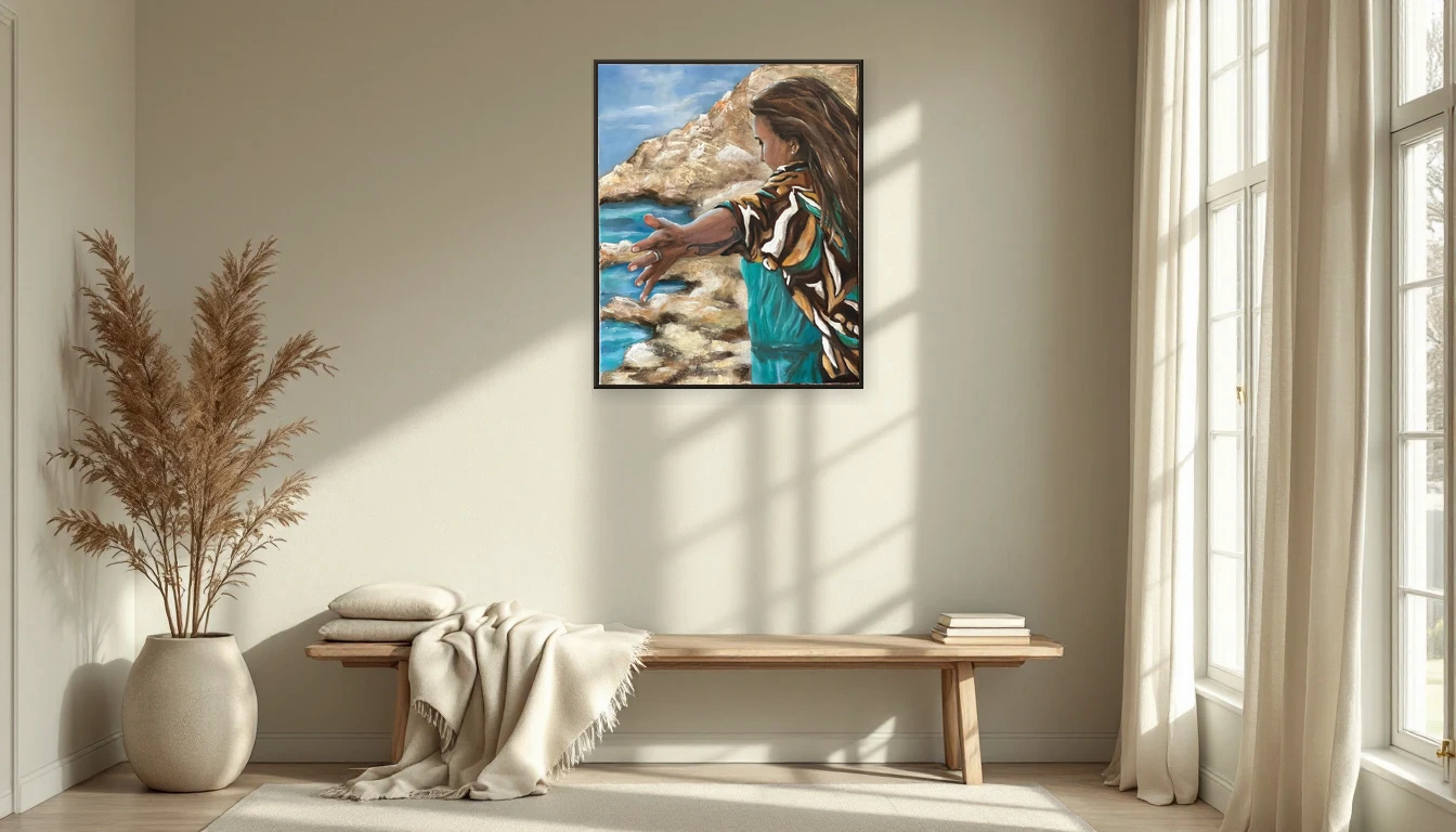 Serene reading nook with empty wall, natural materials and soft morning light