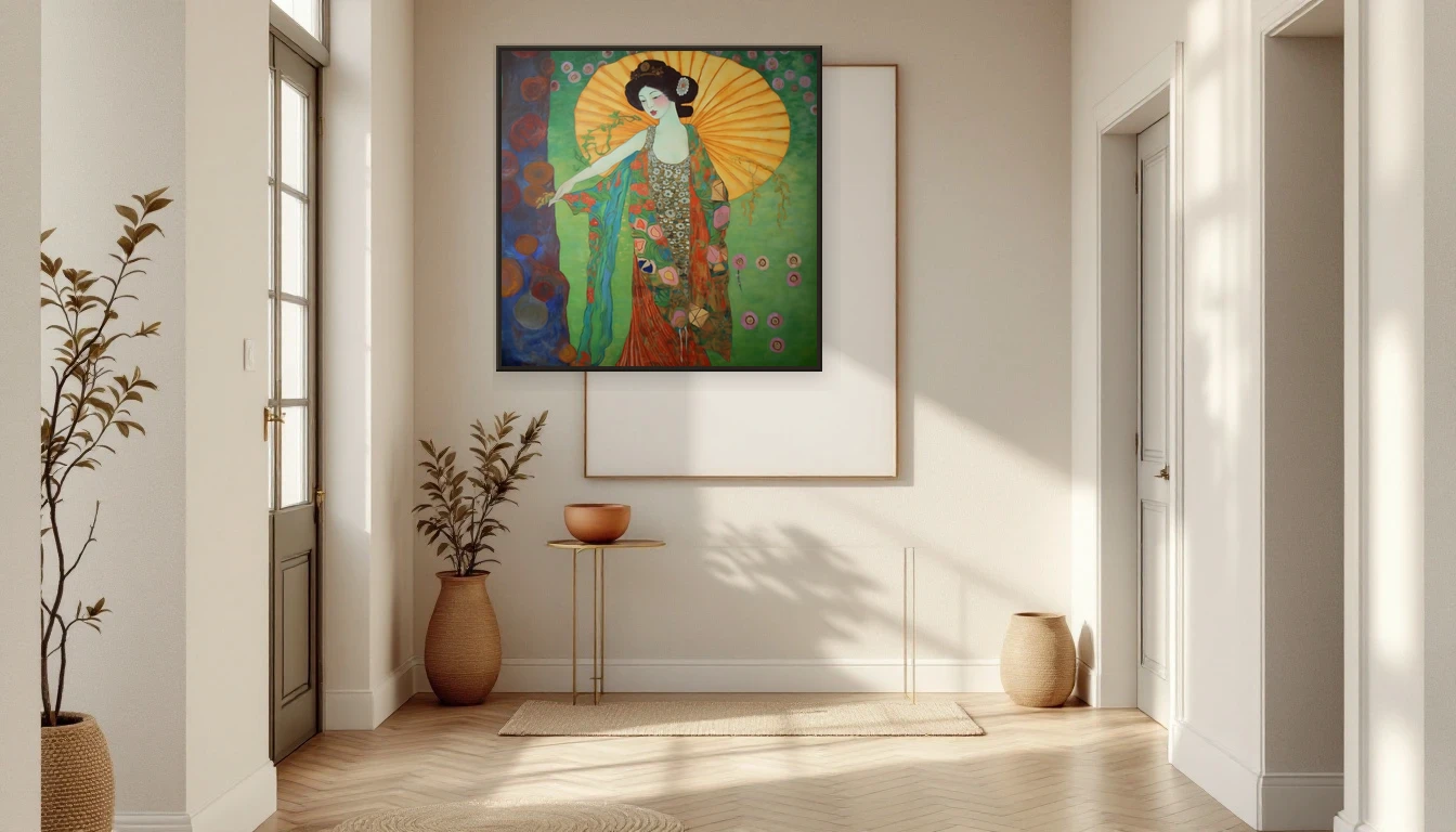 Serene hal met DNH Klimt Abstractie kunstwerk aan de muur en warm ochtendlicht op visgraat eiken parket