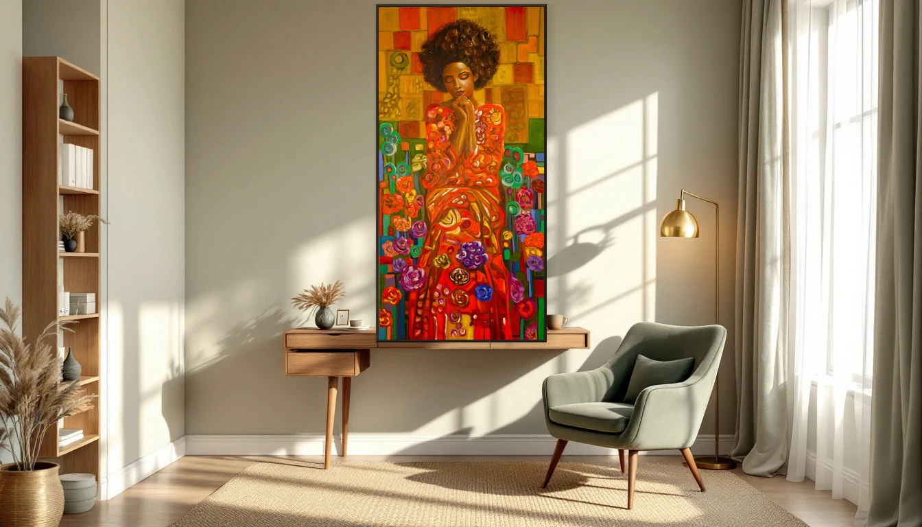 Warm reading nook with abstract artwork Serenity by Dinah on the wall in a wellness-inspired home office