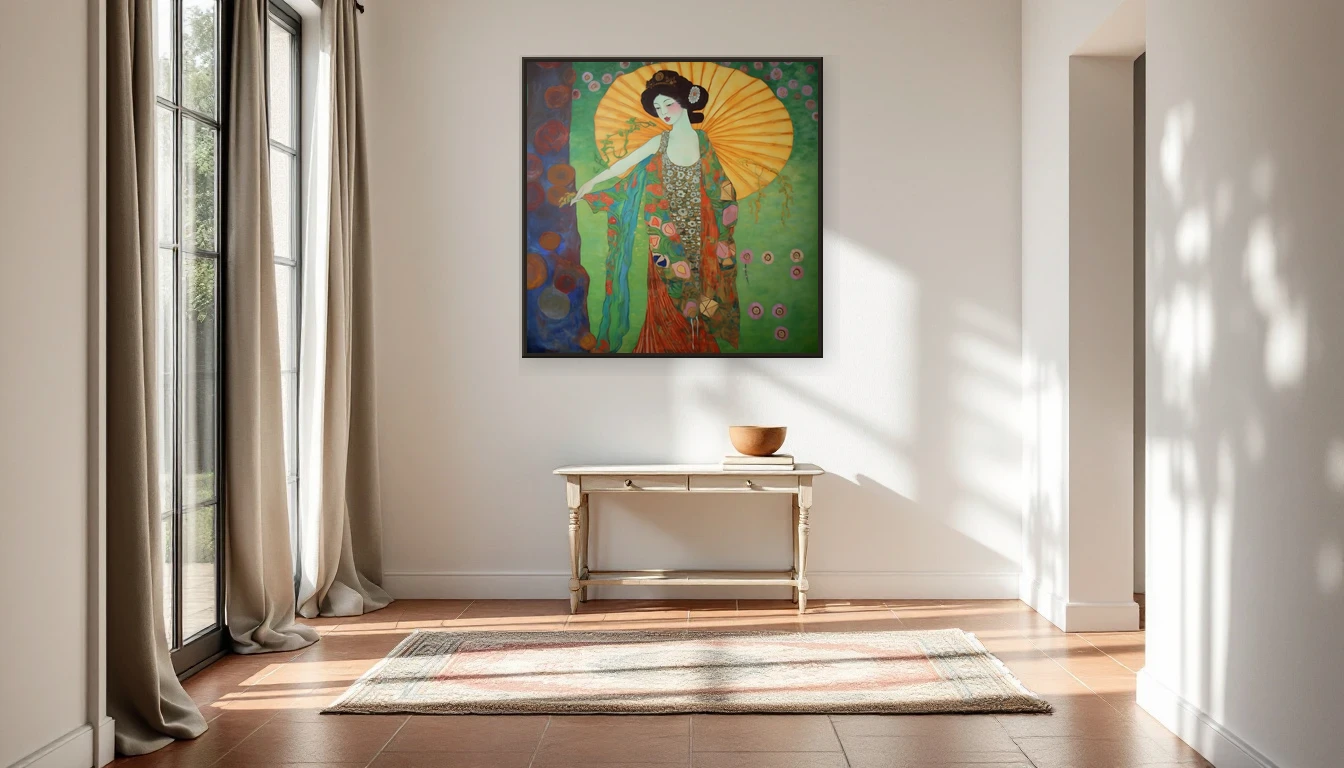 Een licht halinterieur met terracotta tegels en een antieke consoletafel, waar een DNH kunstwerk de lege muur transformeert