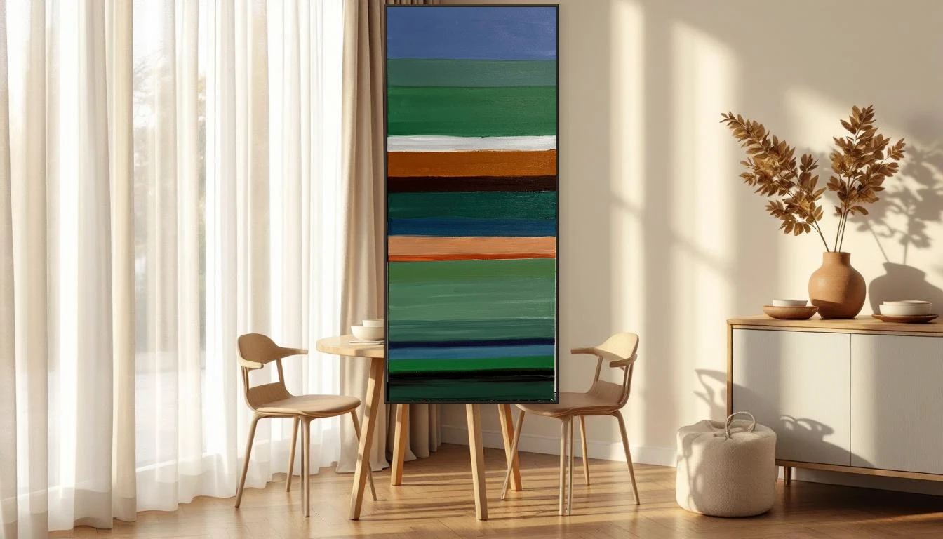Intieme eethoek met ochtendlicht en een lege muur die wacht op kunst