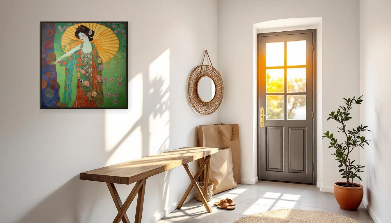 Een lichte hal met witte muren en een donkere consoletafel, klaar om ingericht te worden met kunst