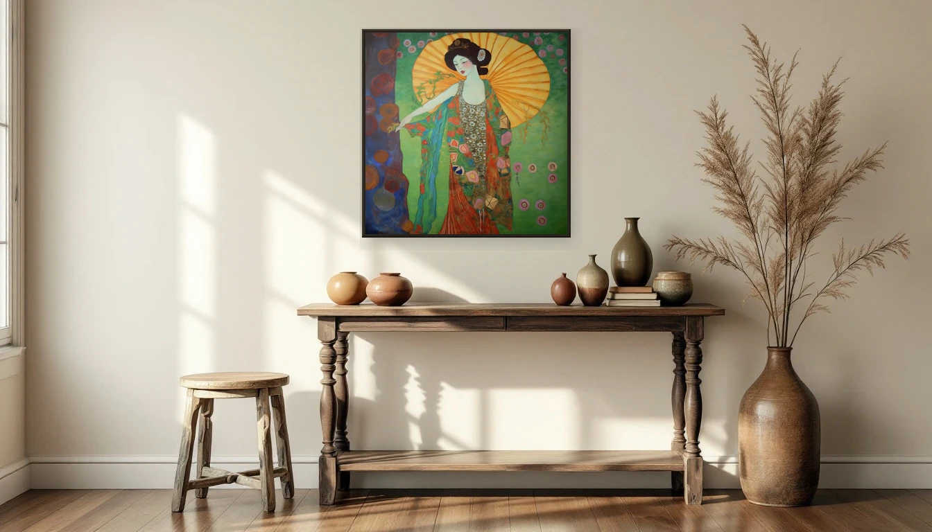 Eclectische styling met handgemaakte keramiek en vintage objecten naast een abstract schilderij van DNH Artful Living
