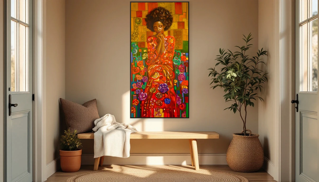 Een compacte hal met natuurlijke materialen en warm middaglicht, klaar voor een kunstwerk aan de muur