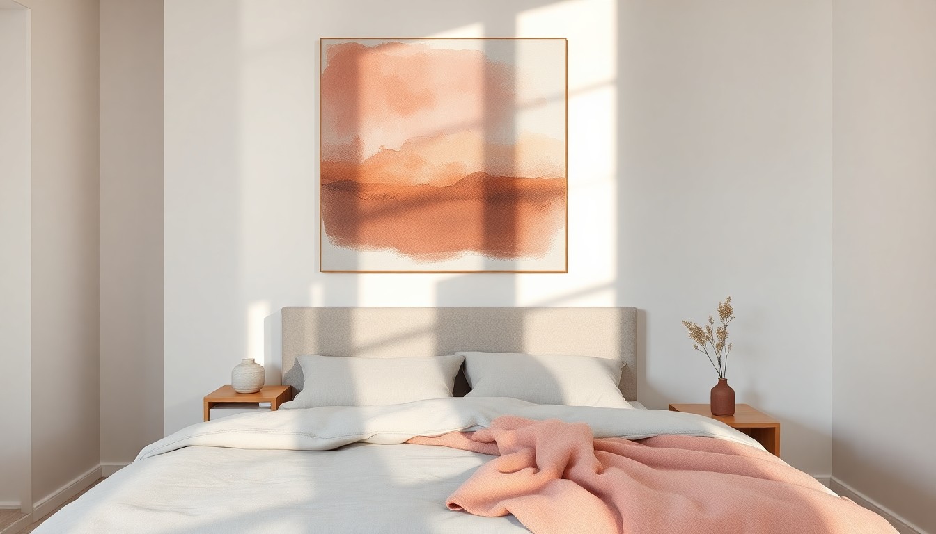 Abstract schilderij in zachte roze en sienna tinten boven een linnen bed in een serene slaapkamer met warm namiddaglicht