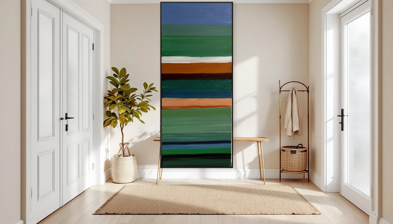 Warme entreehal met abstract kunstwerk dat gasten verwelkomt