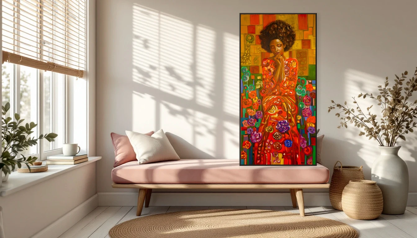 Abstract art Serenity by Dinah in an intimate bedroom reading nook with velvet seating and warm afternoon light