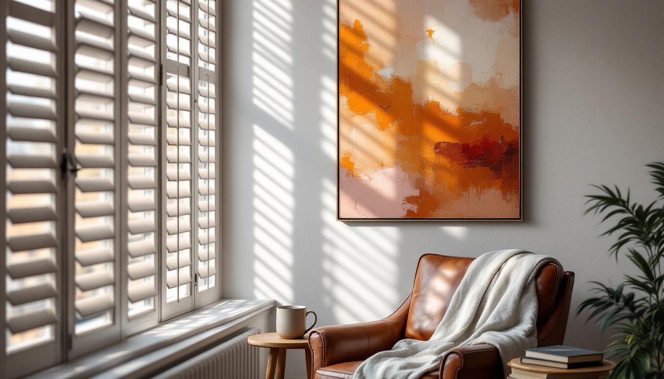 A cozy reading corner with abstract artwork in warm amber tones above a vintage leather armchair, morning light through half-open shutters