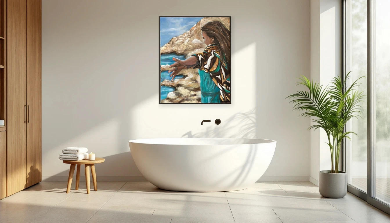 Abstract artwork Freedom by Dinah in a bright modern hallway with warm terracotta floor