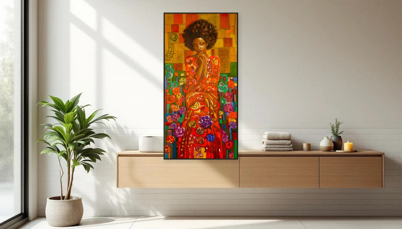 Modern bathroom with DNH artwork Serenity above the vanity