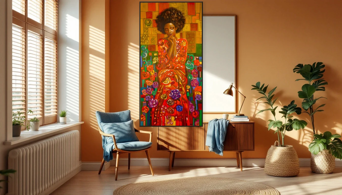 Abstract art by DNH Artful Living in a warm home workspace with earth tones and natural light
