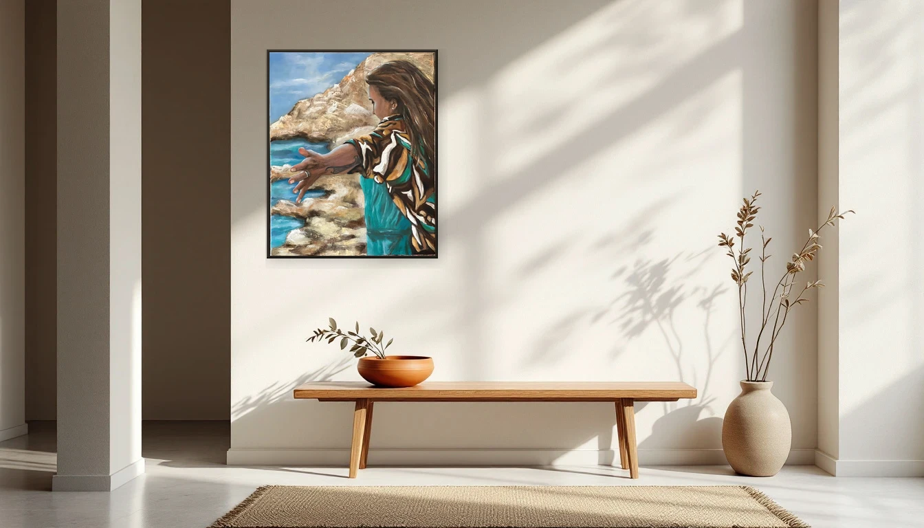 Abstract painting Freedom by DNH Artful Living on a serene light wall in a minimalist hallway with natural light