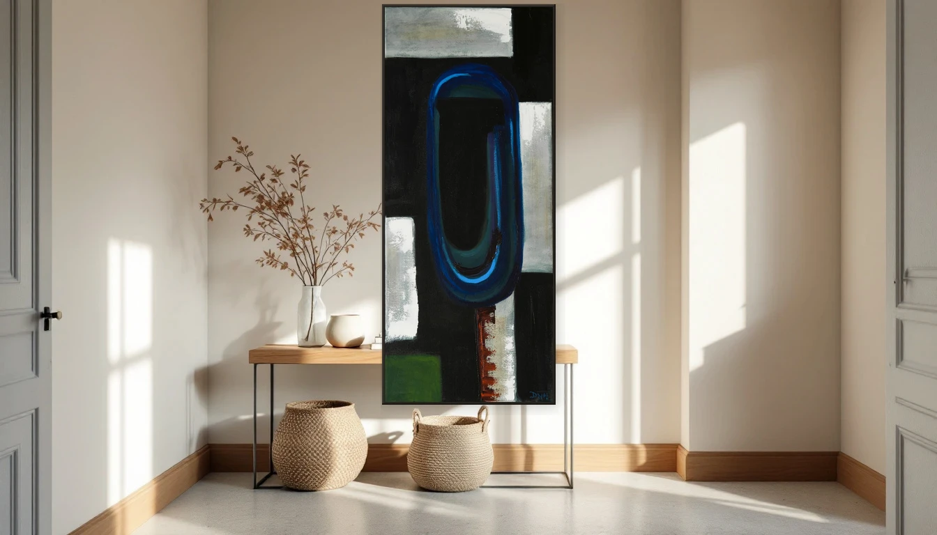 Compact entryway alcove with abstract blue artwork by Dinah of DNH Artful Living on a light plastered wall, styled with a slim oak console and stoneware ceramics