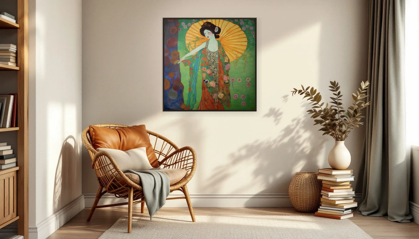 Eclectische leeshoek met natuurlijke materialen en een lege muur klaar voor kunst