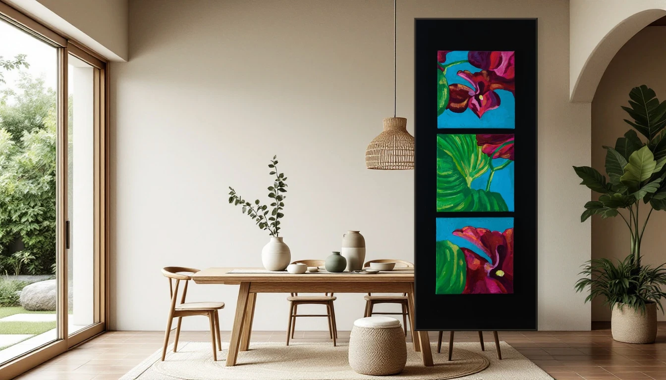 Serene eetkamer met uitzicht op een tuin, aardse tinten en natuurlijk licht met DNH kunstwerk