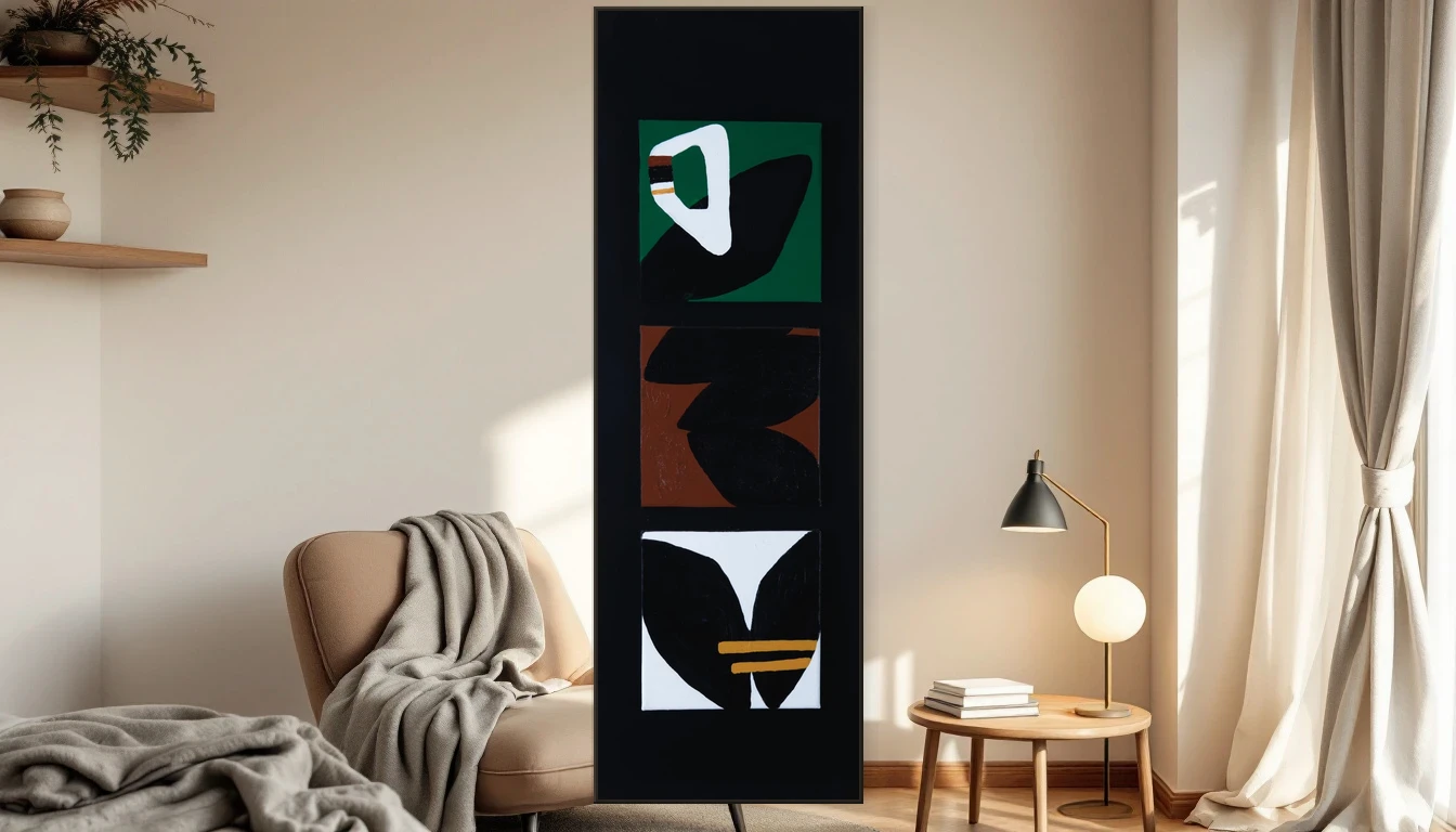 Bedroom reading corner with abstract artwork on the wall in warm earth tones