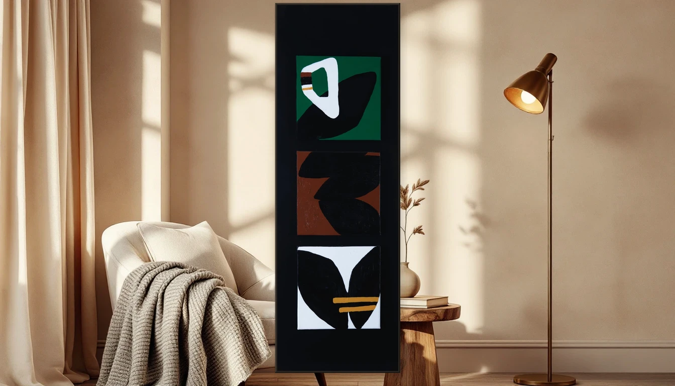 Gezellige leeshoek met tactiele materialen en een abstract kunstwerk op een gestructureerde muur