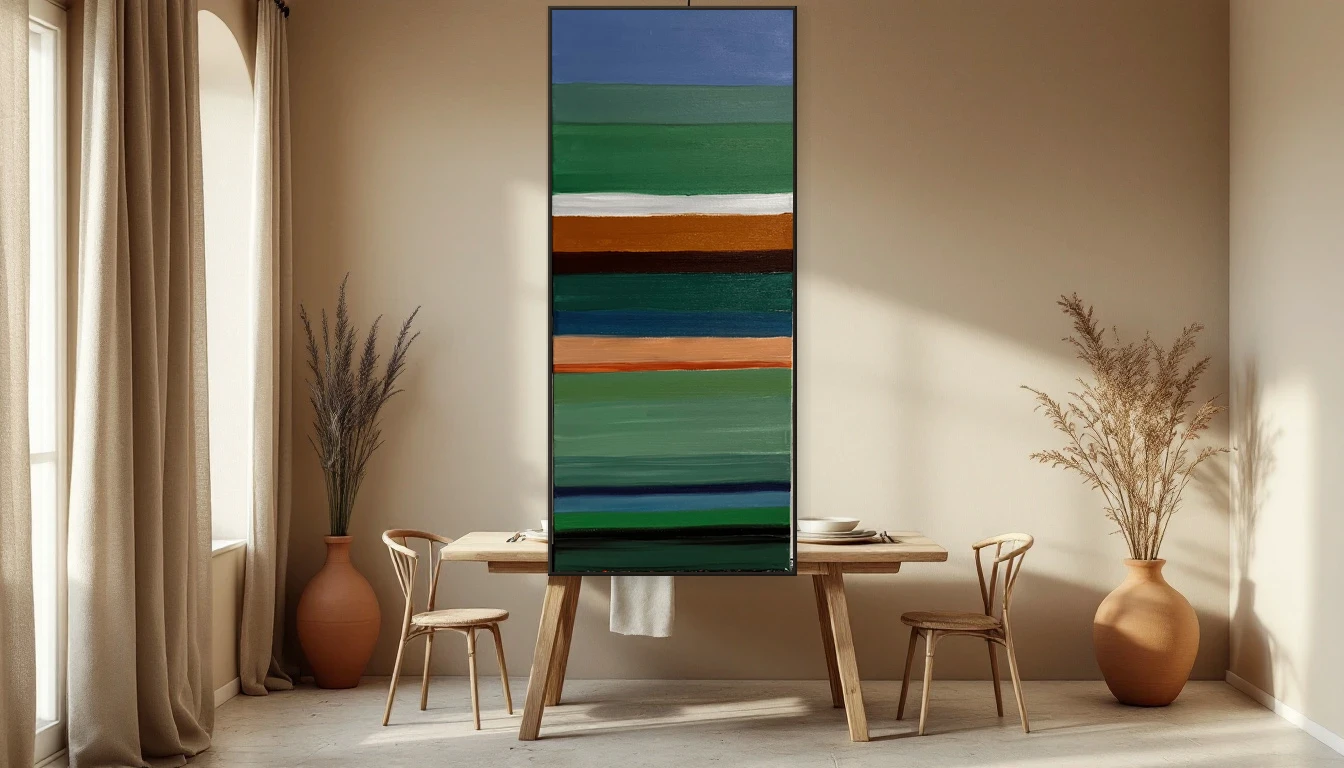 Mediterranean dining alcove with chalk-white walls and warm morning light, featuring an abstract painting by Dinah as the centrepiece
