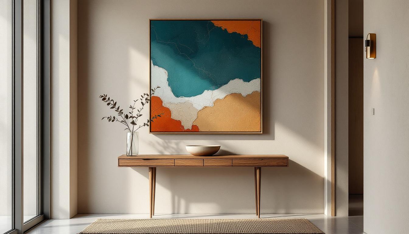 Tactiel abstract kunstwerk met gelaagde textuur in een modern gestylde hal met natuurlijk zijlicht