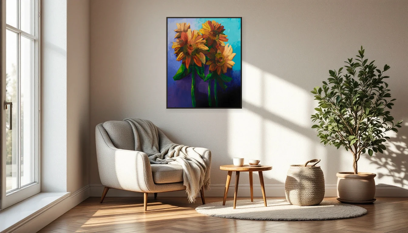 Sunflowers van Dinah Letteboer in een leeshoek met natuurlijke texturen