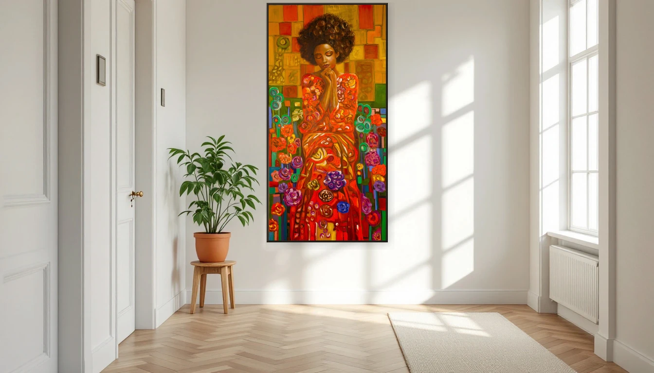 A bright hallway with wooden flooring and a DNH artwork on the wall transforming the space