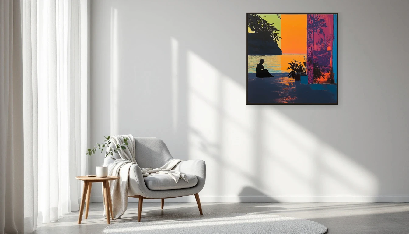 Serene leeshoek met linnen fauteuil naast een raam, zachte ochtendlicht en een groot abstract schilderij met waterige tinten aan de muur