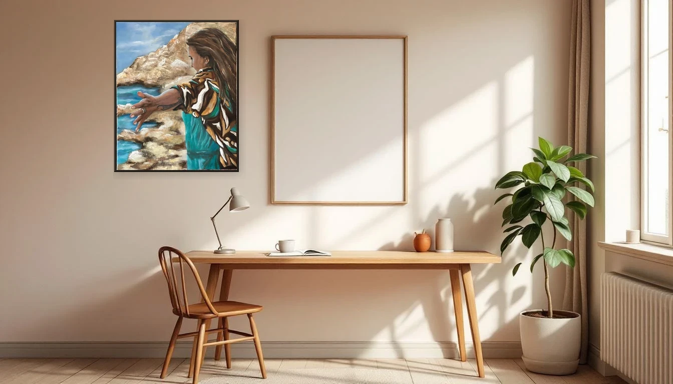 A quiet home office with natural light and an empty wall as a breathing space