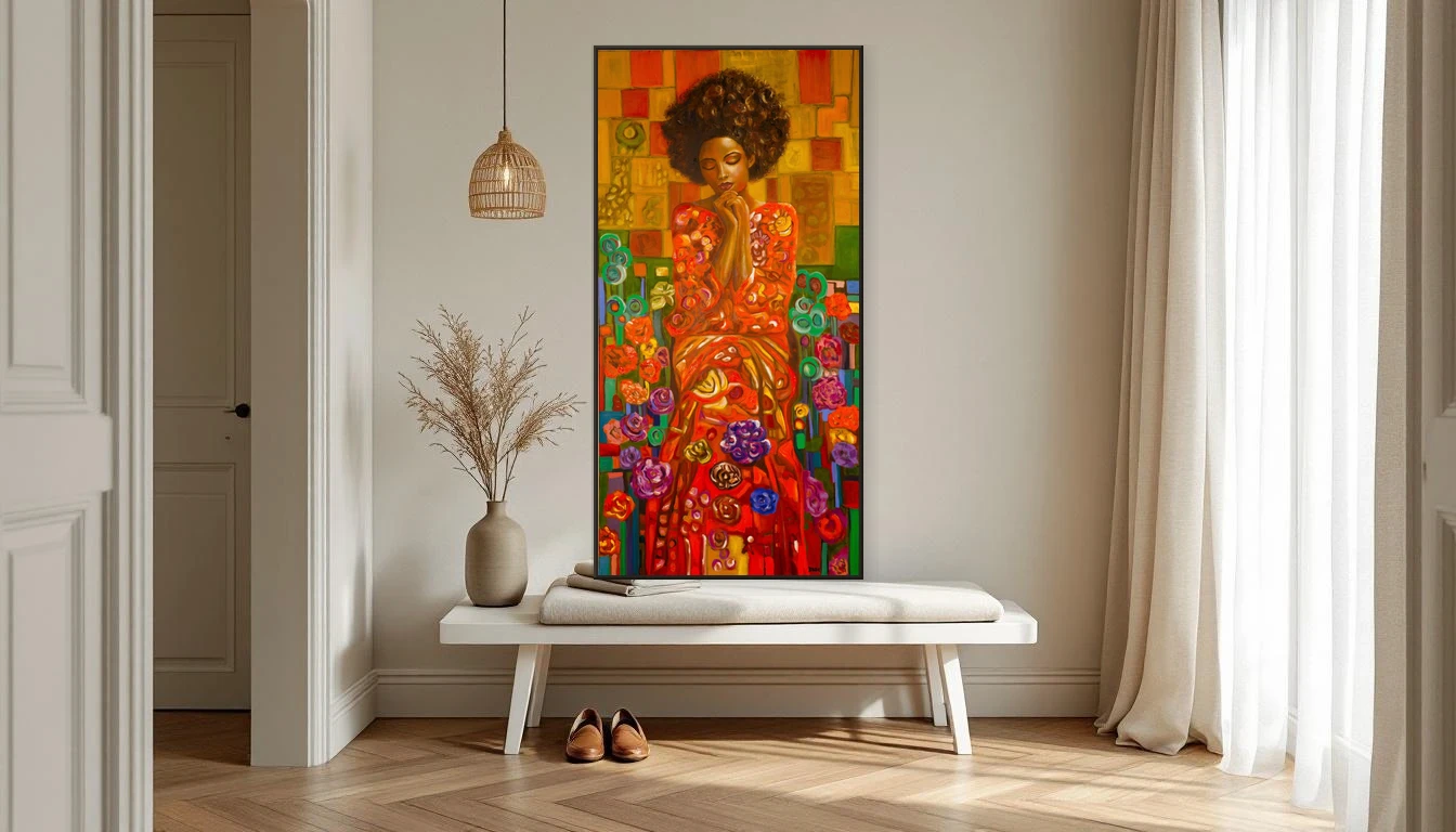 Abstract artwork in a warm entryway vignette with limewashed walls and natural materials