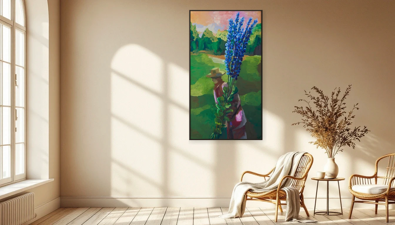 Sunny reading nook with warm afternoon light and an empty wall ready for art